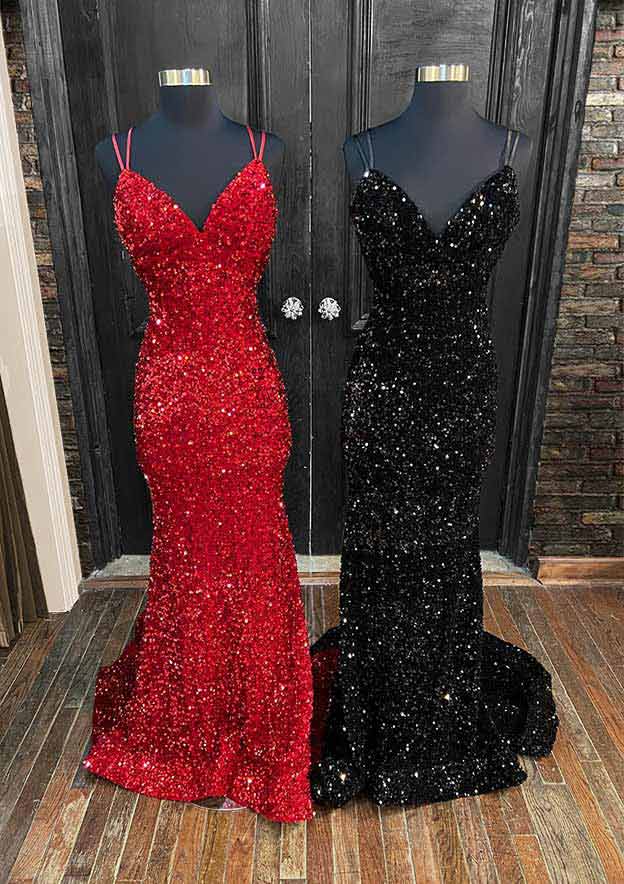 Velvet Sequins Trumpet/Mermaid V-Neck Court Train Prom Dress/Evening Dress with Pleated Sleeveless - Fashionpara