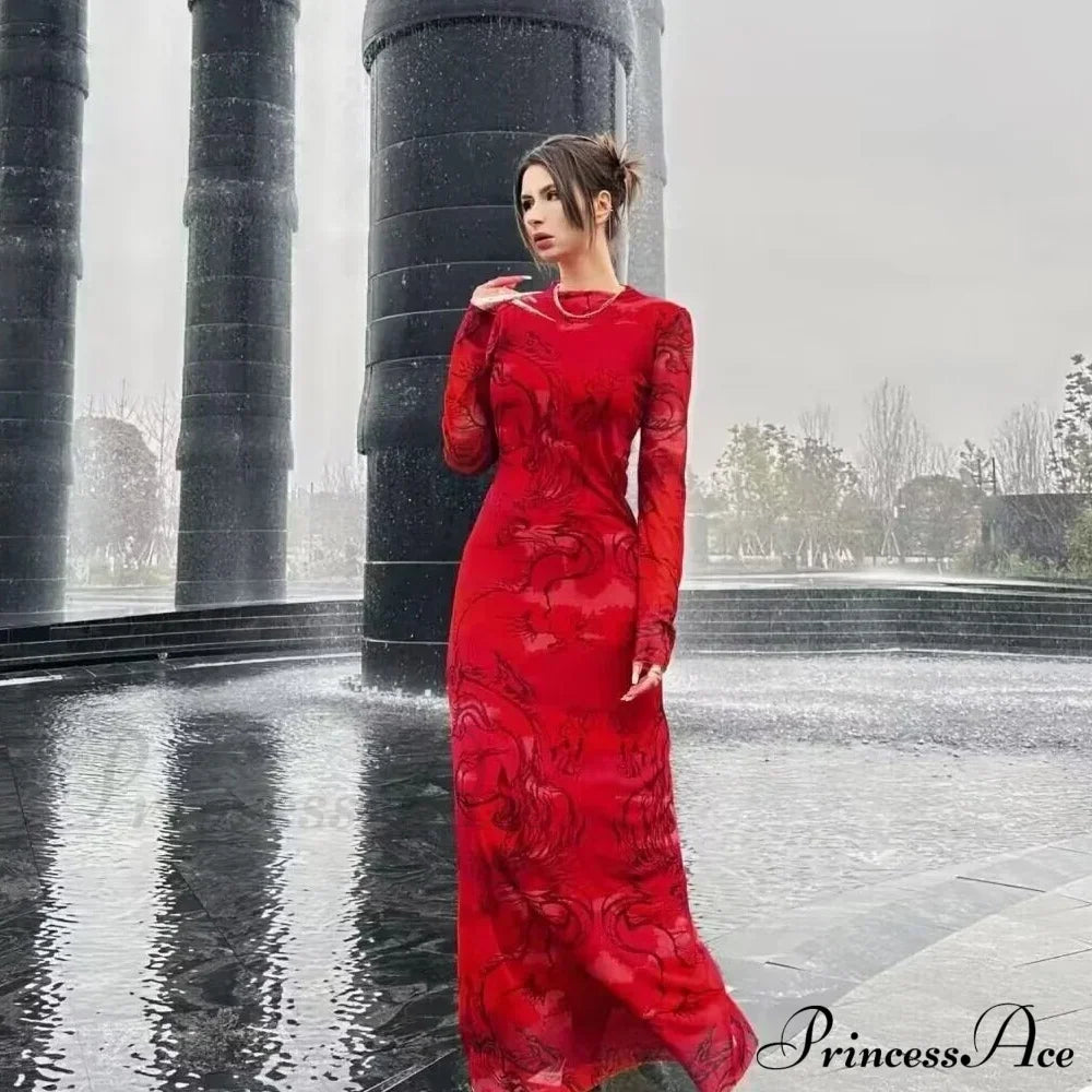 Versatile Limited Printed Screen Dress Women's Fashion Style Year Loong Christmas Party Dress