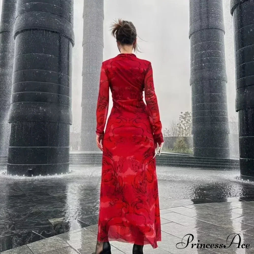 Versatile Limited Printed Screen Dress Women's Fashion Style Year Loong Christmas Party Dress