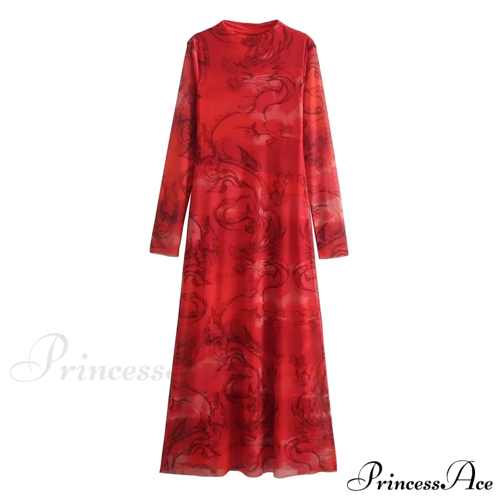 Versatile Limited Printed Screen Dress Women's Fashion Style Year Loong Christmas Party Dress