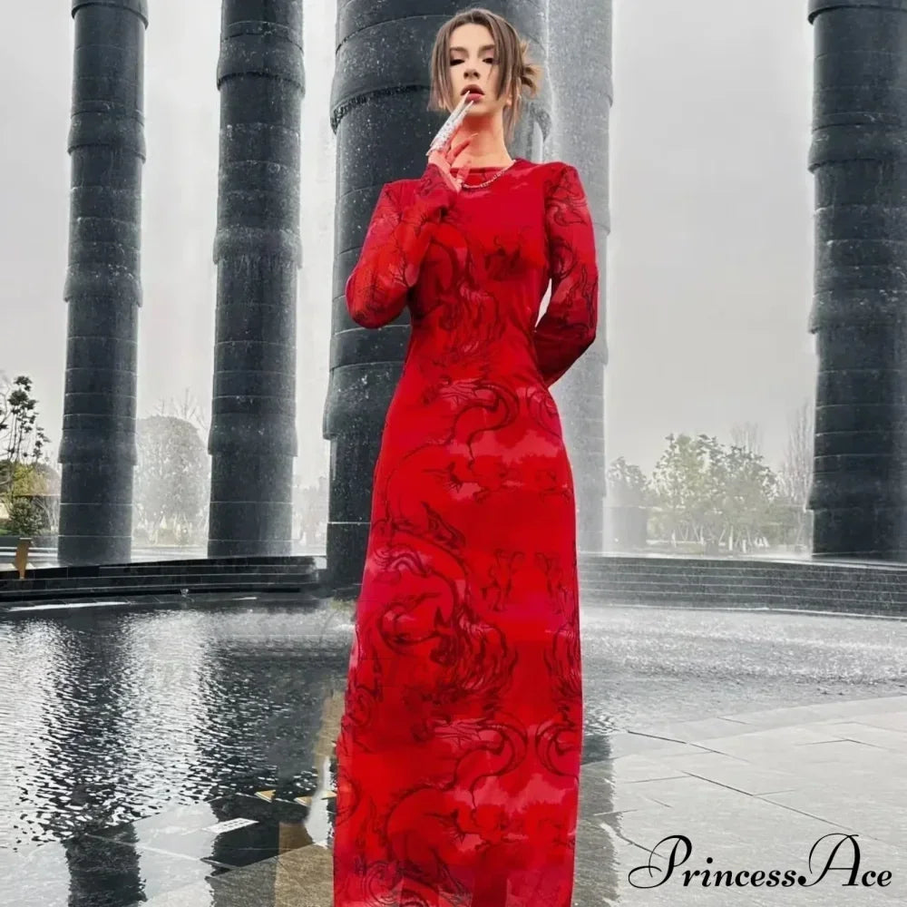 Versatile Limited Printed Screen Dress Women's Fashion Style Year Loong Christmas Party Dress