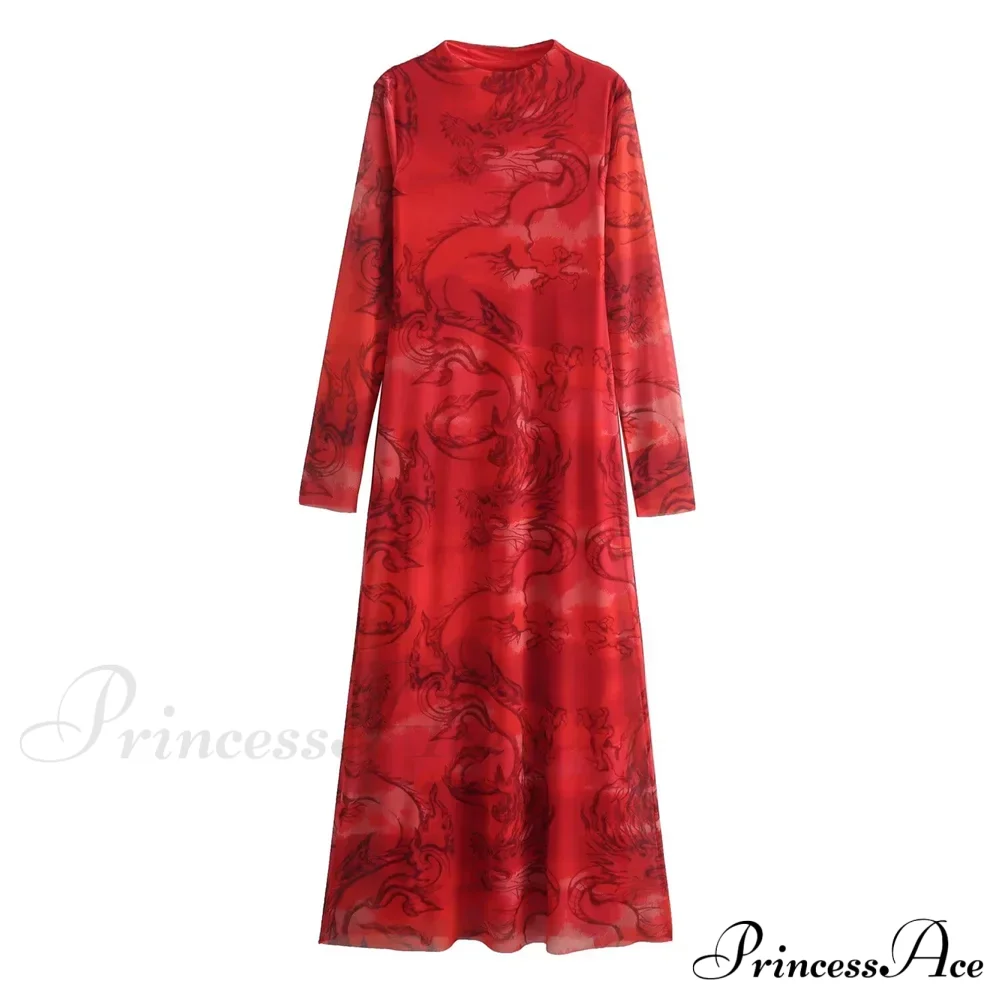 Versatile Limited Printed Screen Dress Women’s Fashion Style Year Loong Christmas Party Red / S