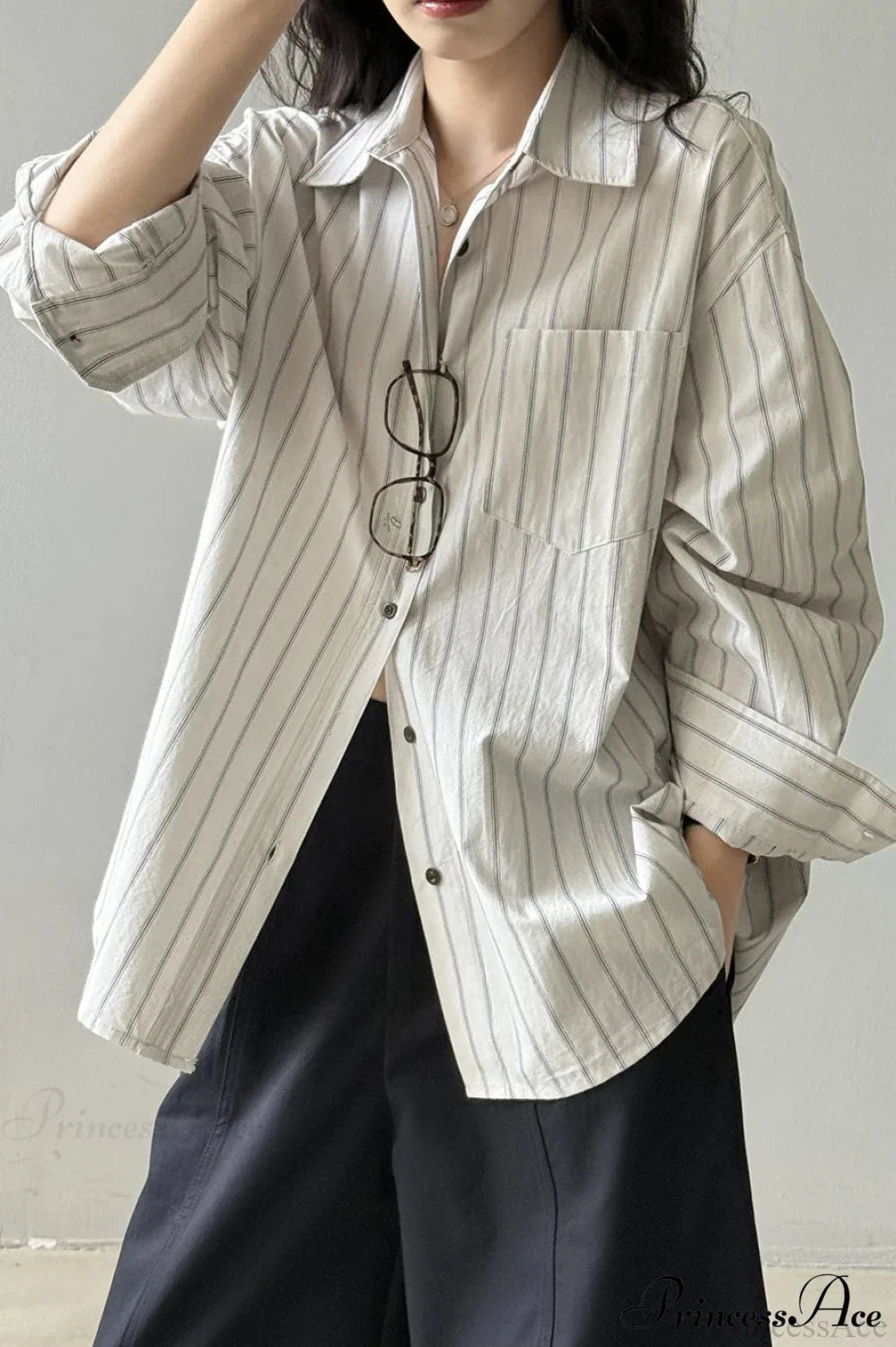 Vertical Stripe Long-Sleeve Cotton Loose Blouse