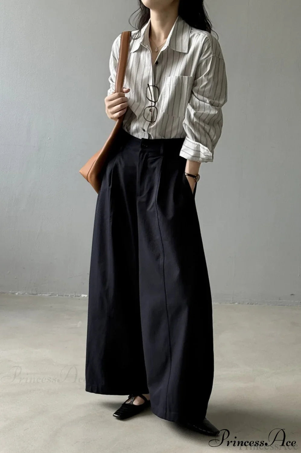 Vertical Stripe Long-Sleeve Cotton Loose Blouse