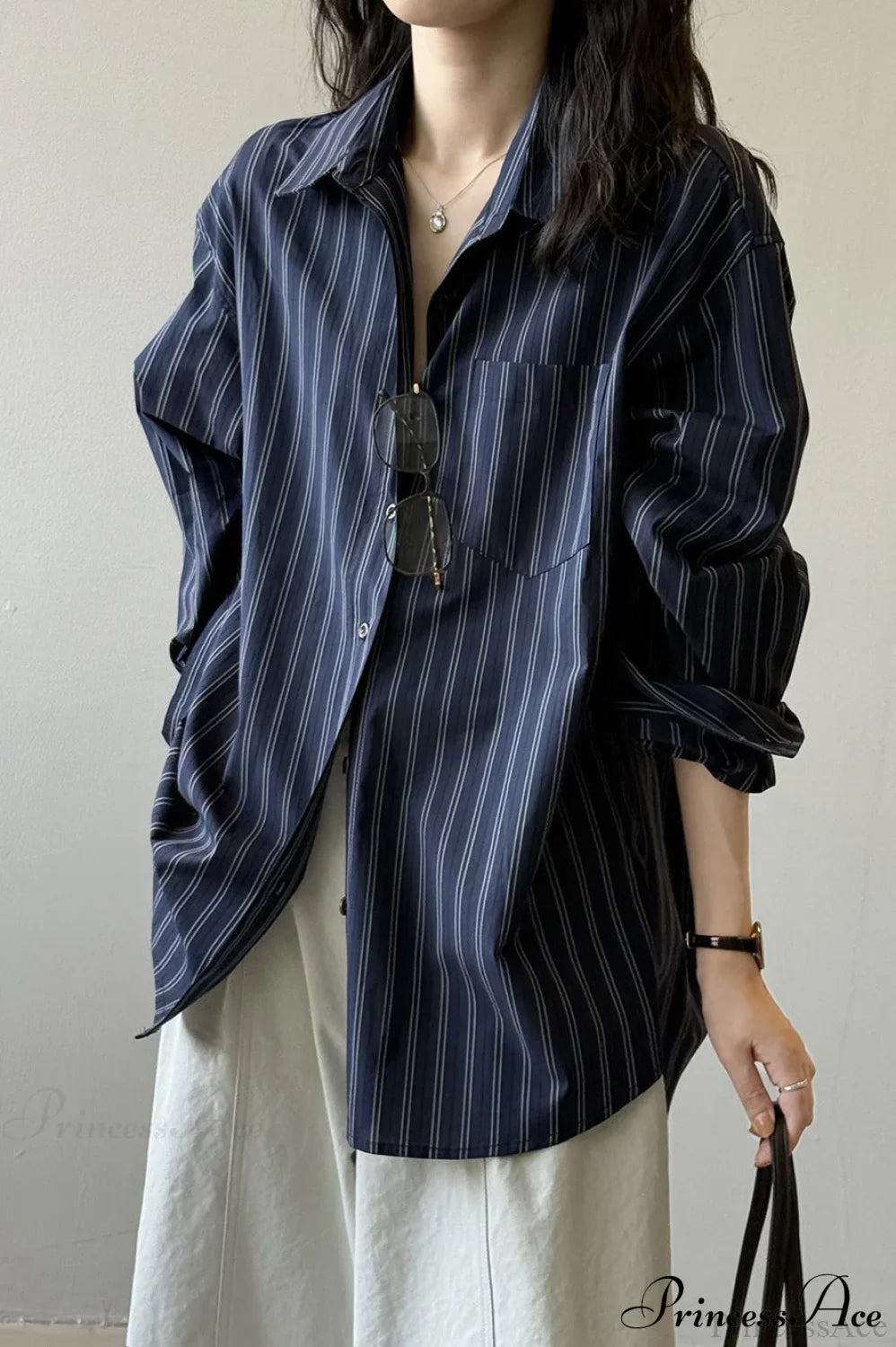 Vertical Stripe Long-Sleeve Cotton Loose Blouse