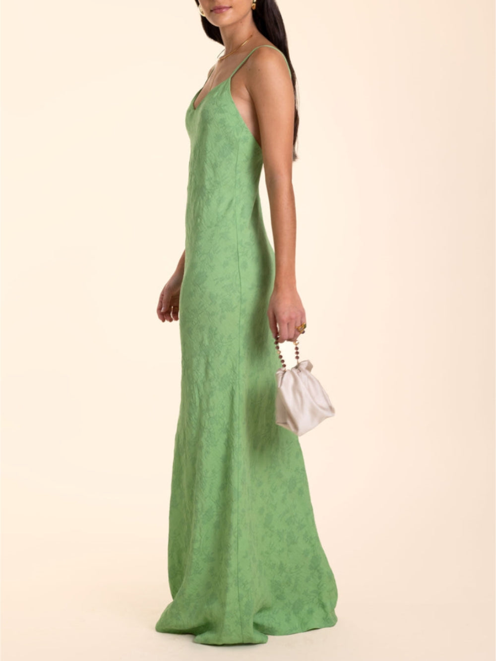 Elegant Lime Green Jacquard V-Neck Maxi Dress - Fashionpara