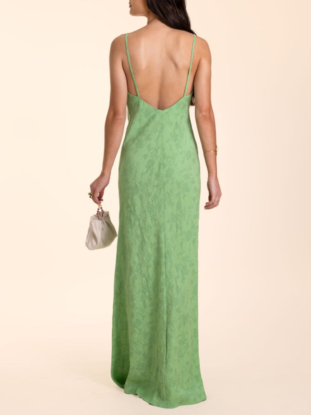 Elegant Lime Green Jacquard V-Neck Maxi Dress - Fashionpara