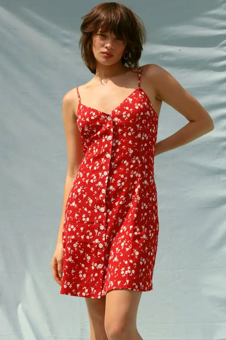 Vibrant Ditsy Floral V Neck Button Up Slip Mini Sundress - Red Fashionpara