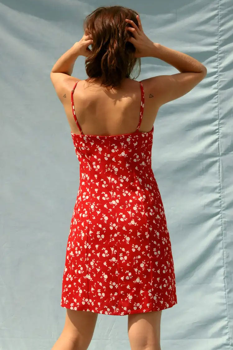 Vibrant Ditsy Floral V Neck Button Up Slip Mini Sundress - Red Fashionpara