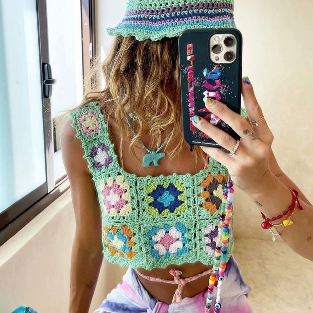 Floral Pullover Square Neck Crochet Knit Tank Top - Mint - Fashionpara