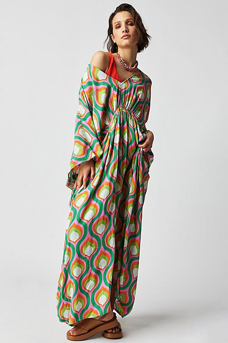 Vibrant Print V Neck Dolman Sleeve Oversized Beach Vacation Maxi Dress