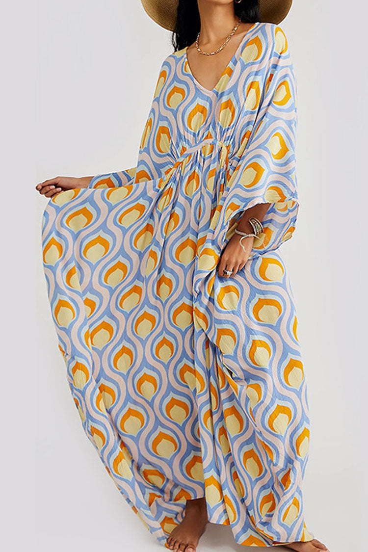 Vibrant Print V Neck Dolman Sleeve Oversized Beach Vacation Maxi Dress