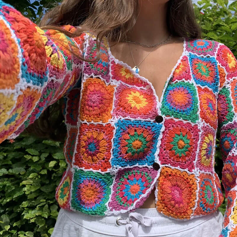 Button Down Floral Crochet Knit Cardigan - Multicolor 2