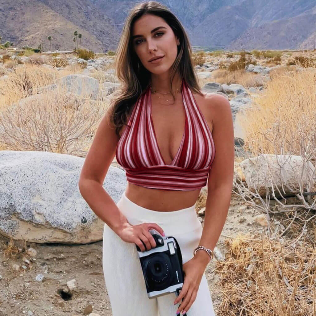 Striped Print Halter Neck Tie Back Knitted Crop Top - Burgundy - Fashionpara