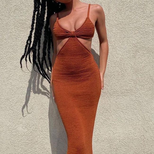 Ribbed Knit V-Neck Sleeveless Cutout Bodycon Maxi Dress