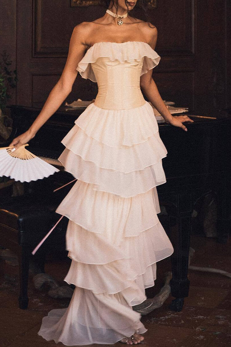 Vintage Bandeau Mesh Lace Up Layer Bustier Chiffon Ruffle Evening Maxi Dress - Fashionpara