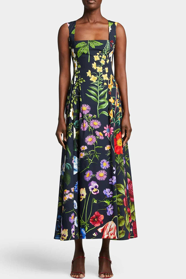 Vintage Beaded Floral Printed Sleeveless Beach Vacation Midi Dress - Black  Fashionpara