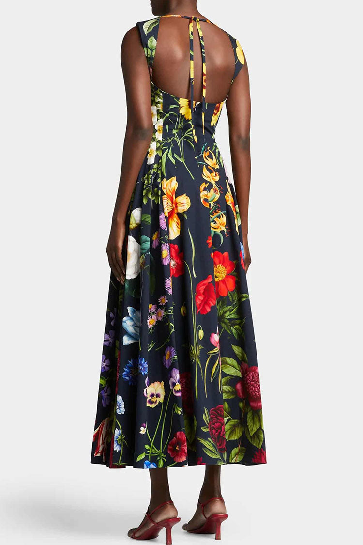 Vintage Beaded Floral Printed Sleeveless Beach Vacation Midi Dress - Black  Fashionpara