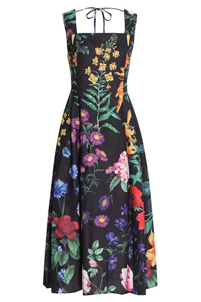 Vintage Beaded Floral Printed Sleeveless Beach Vacation Midi Dress - Black  Fashionpara