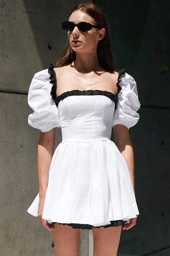 Vintage Bicolor Ruffled Square Neck Puff Sleeve Fit & Flare Summer Mini Dress - White  Fashionpara