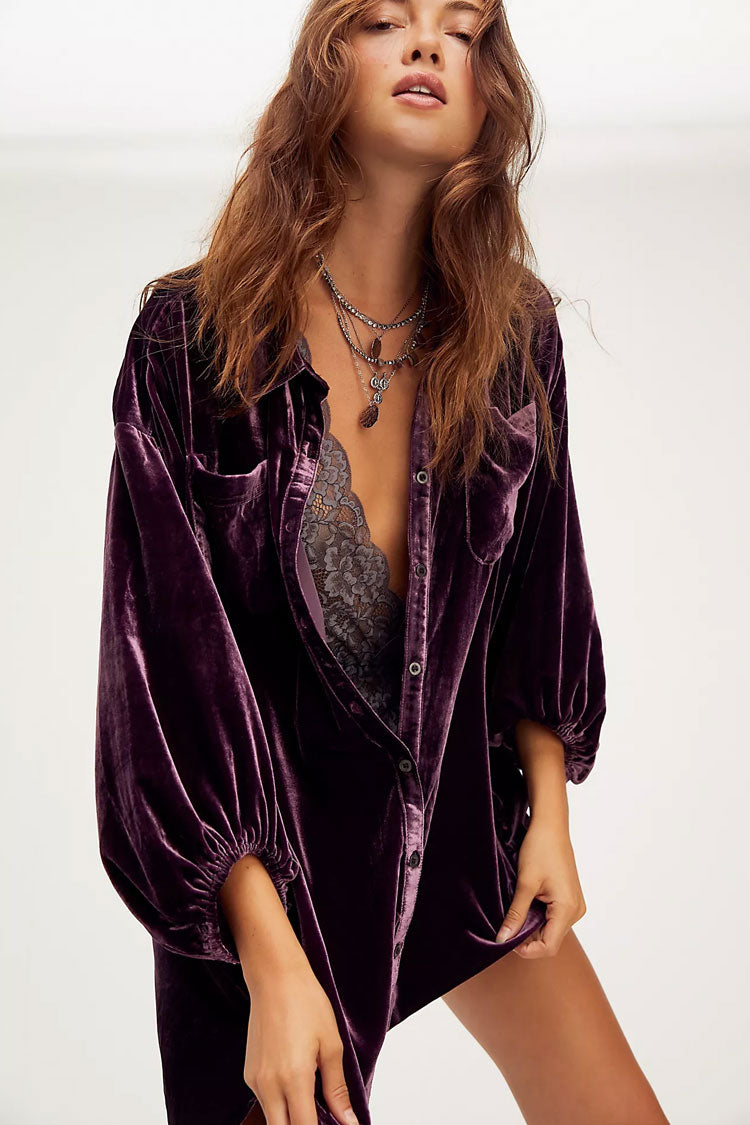 Vintage Bishop Sleeve Button Up Velvet High Low Shirt Dress - Purple Fashionpara