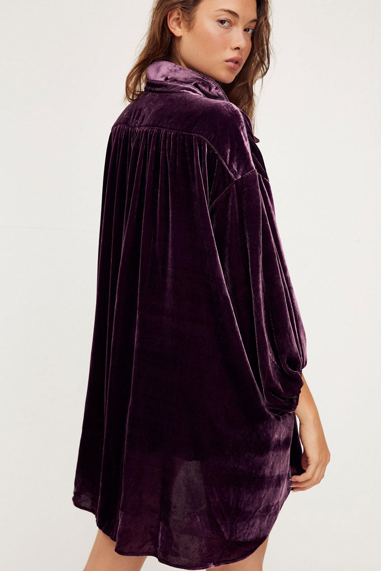 Vintage Bishop Sleeve Button Up Velvet High Low Shirt Dress - Purple Fashionpara