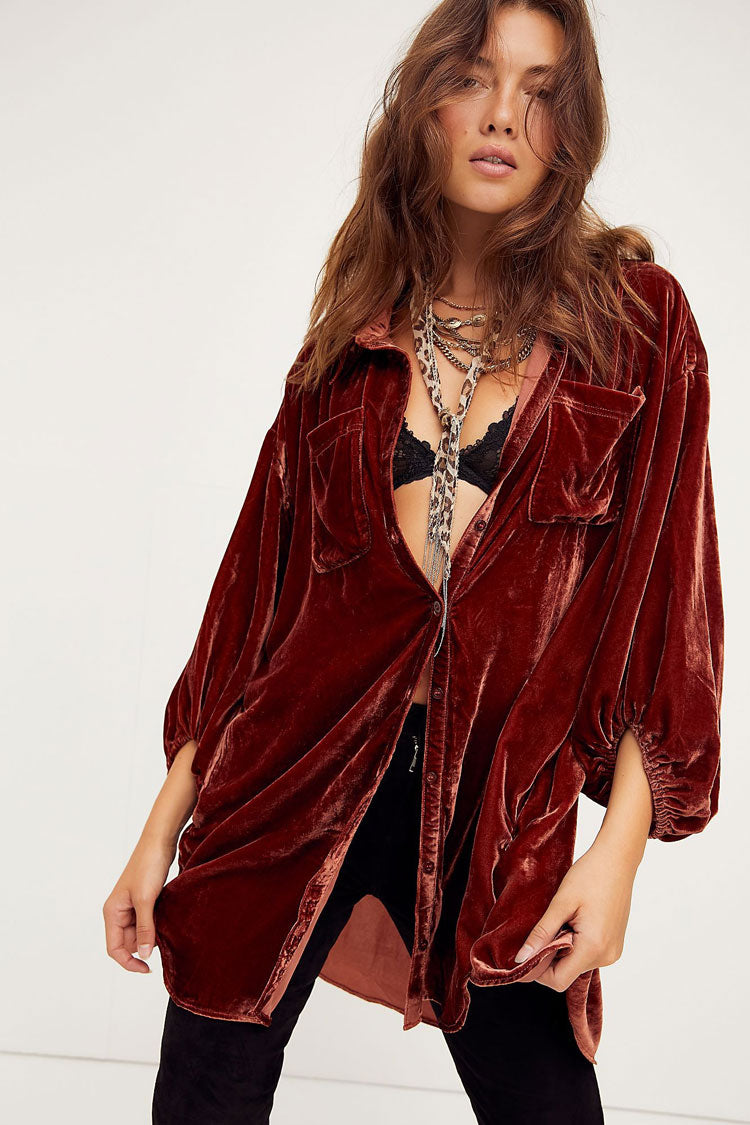 Vintage Bishop Sleeve Button Up Velvet High Low Shirt Dress - Rust Fashionpara