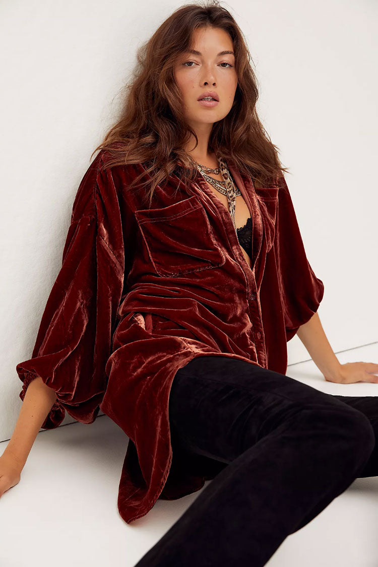 Vintage Bishop Sleeve Button Up Velvet High Low Shirt Dress - Rust Fashionpara