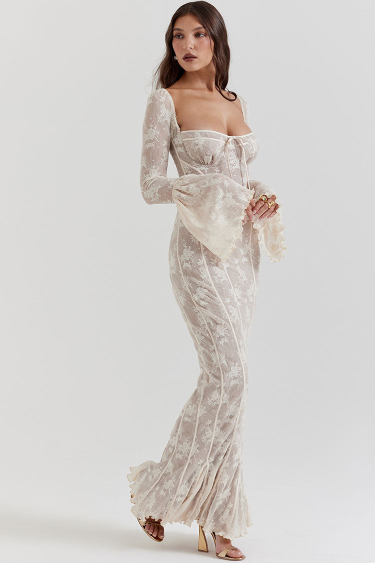 Vintage Bow Tie Pleated Floral Lace Fishtail Evening Maxi Dress - Cream - Fashionpara