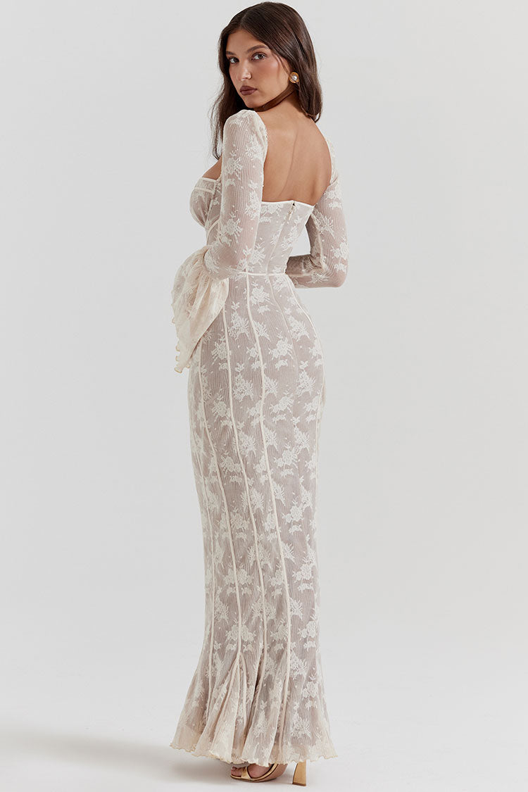 Vintage Bow Tie Pleated Floral Lace Fishtail Evening Maxi Dress - Cream - Fashionpara