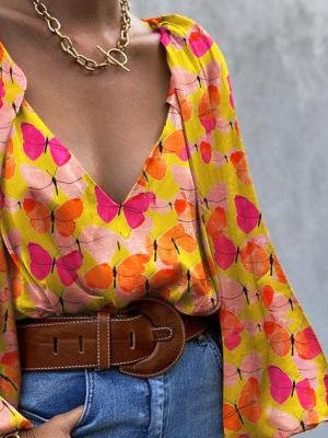 Vintage Butterfly Long Sleeve V-Neck Blouses
