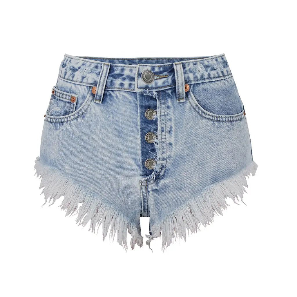 Vintage Button Up Mid Rise Frayed Denim Shorts - Light Blue  Fashionpara