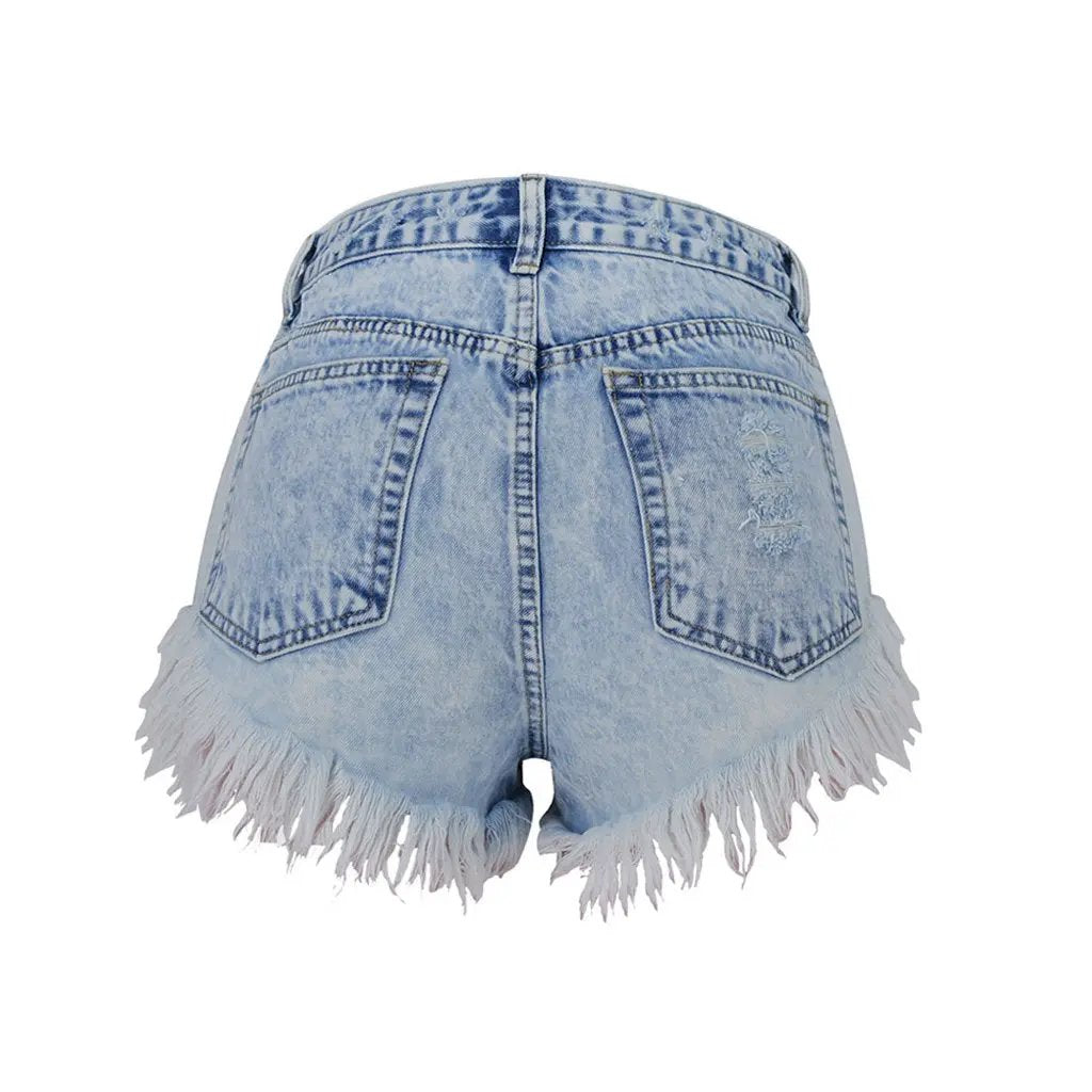 Vintage Button Up Mid Rise Frayed Denim Shorts - Light Blue  Fashionpara