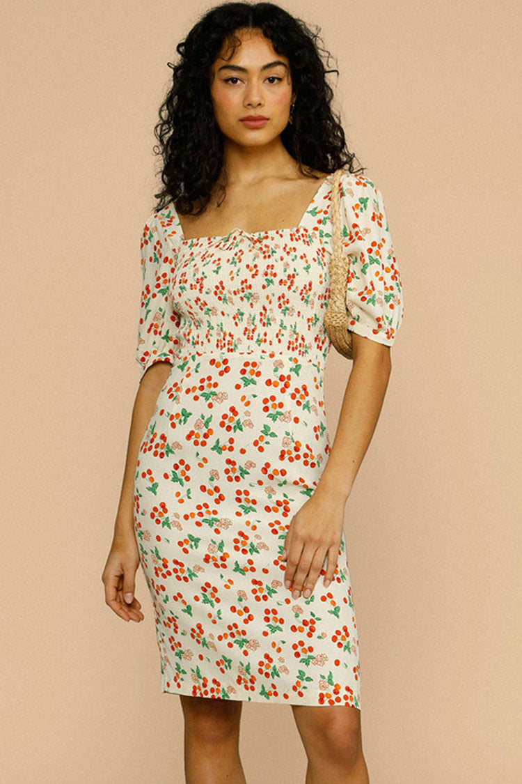 Vintage Cherry Print Puff Sleeve French Printed Midi Dress - Cream Fashionpara