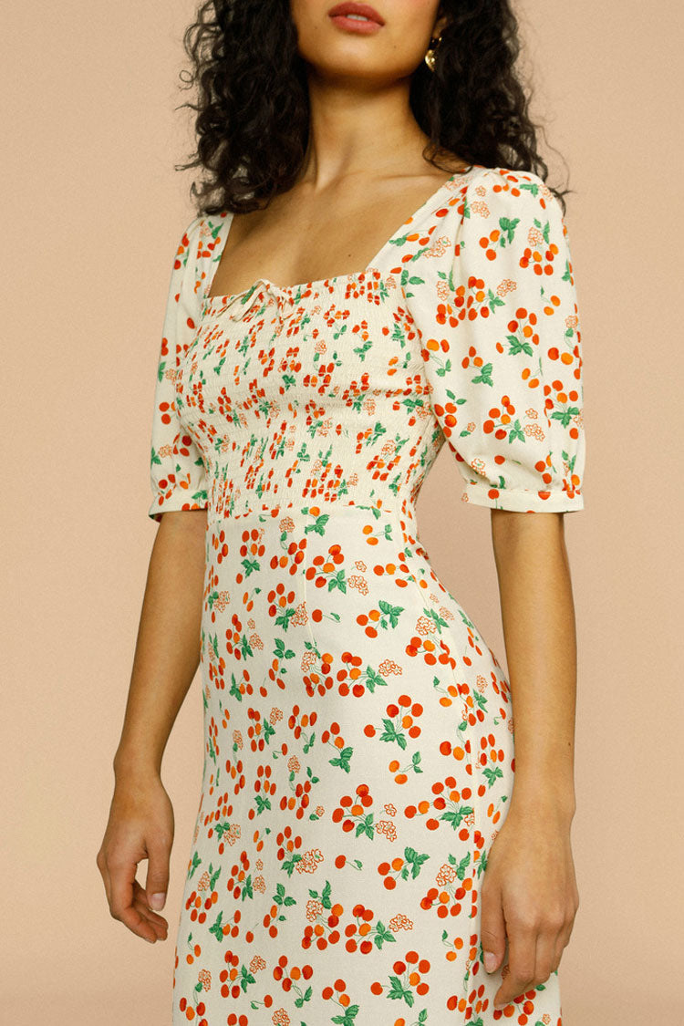 Vintage Cherry Print Puff Sleeve French Printed Midi Dress - Cream Fashionpara