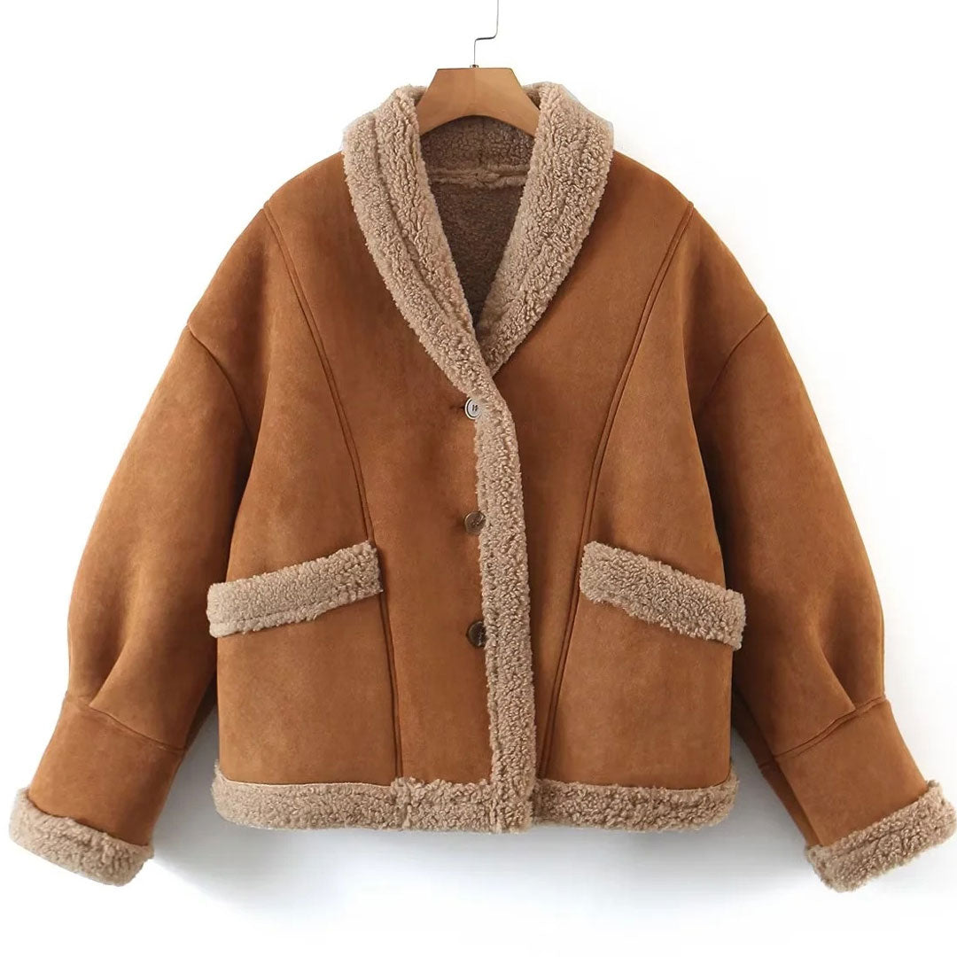 Vintage Collared Patch Pocket Long Sleeve Faux Shearling Jacket - Brown 4