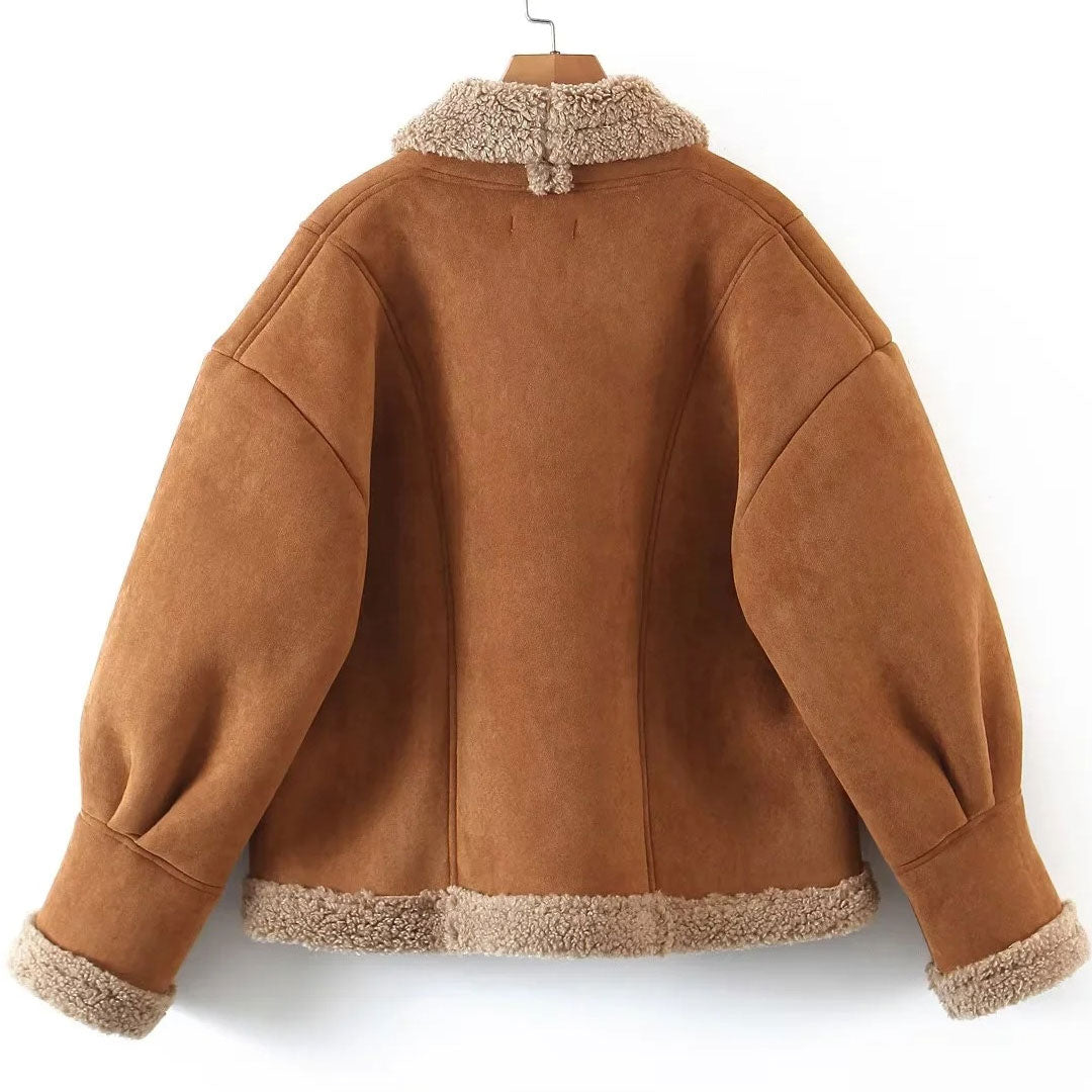 Vintage Collared Patch Pocket Long Sleeve Faux Shearling Jacket - Brown 5