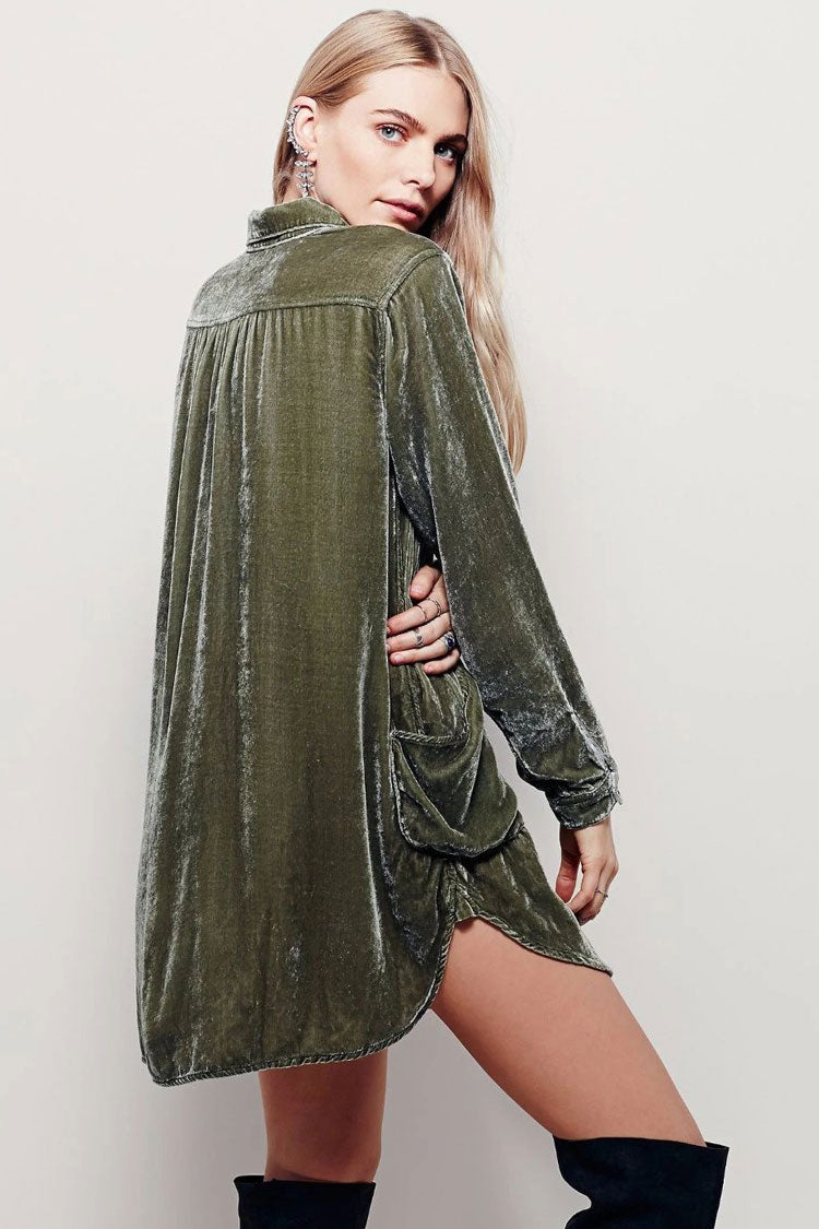 Vintage Collared V Neck Long Sleeve Velvet Mini Dress - Green Fashionpara