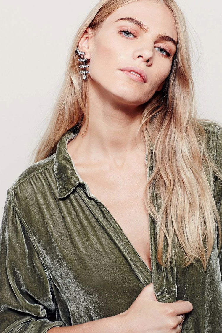 Vintage Collared V Neck Long Sleeve Velvet Mini Dress - Green Fashionpara