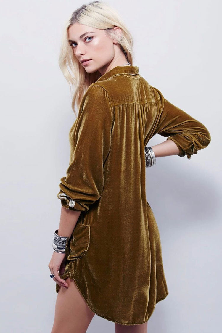 Vintage Collared V Neck Long Sleeve Velvet Mini Dress - Khaki Fashionpara