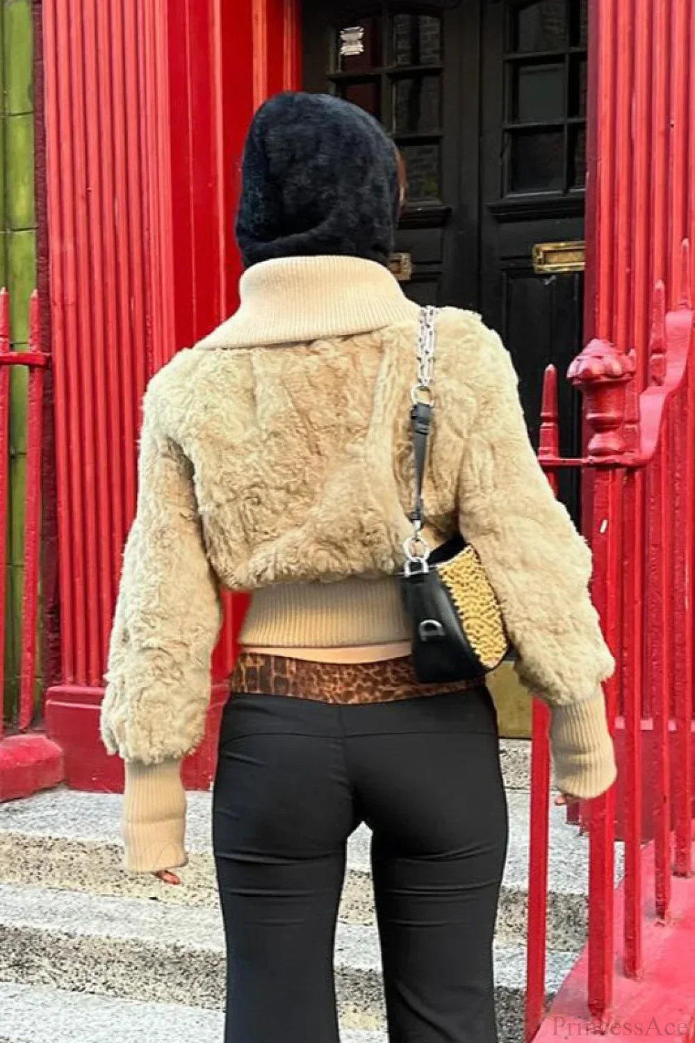 Vintage Cropped Fuzzy Wide Lapel Single Breasted Waist-Cinched Coat 4