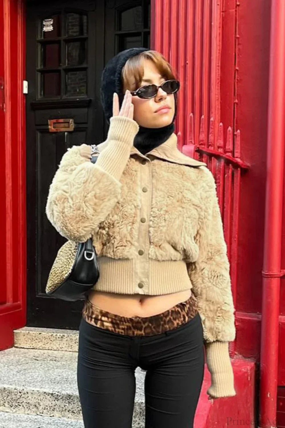 Vintage Cropped Fuzzy Wide Lapel Single Breasted Waist-Cinched Coat 3