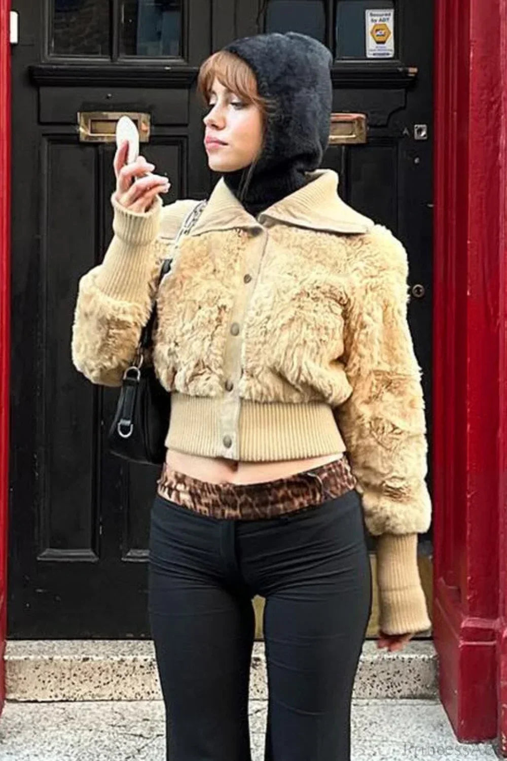 Vintage Cropped Fuzzy Wide Lapel Single Breasted Waist-Cinched Coat 2