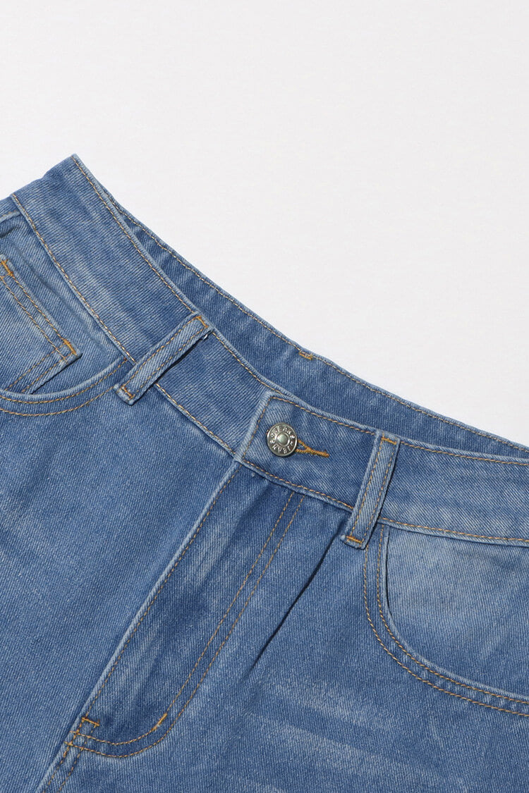 Vintage Cutout High Waist Full Length Whisker Straight Leg Faded Jeans