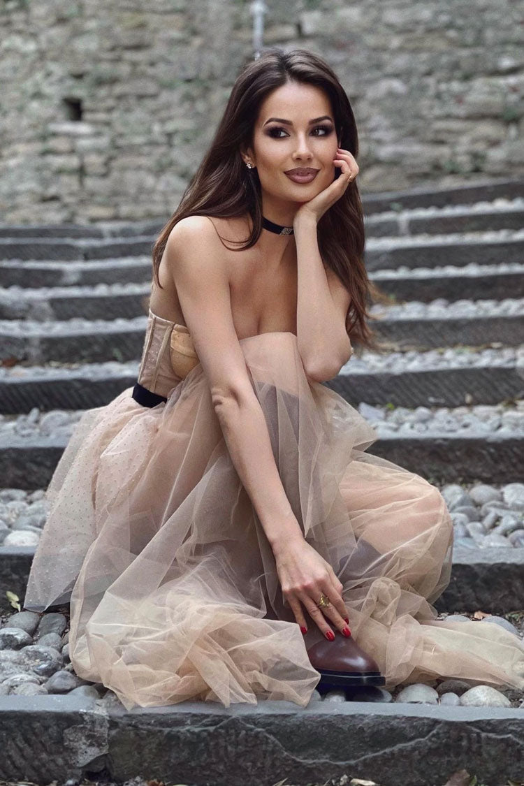 Dotted Tulle Strapless Bustier Peplum Sheer Maxi Dress 5