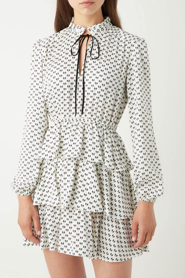 Bowknot Print Tie Front Long Sleeve Ruffle Tiered Mini Dress - White  Fashionpara