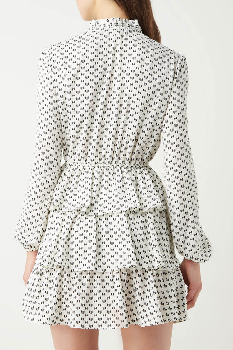 Bowknot Print Tie Front Long Sleeve Ruffle Tiered Mini Dress - White  Fashionpara