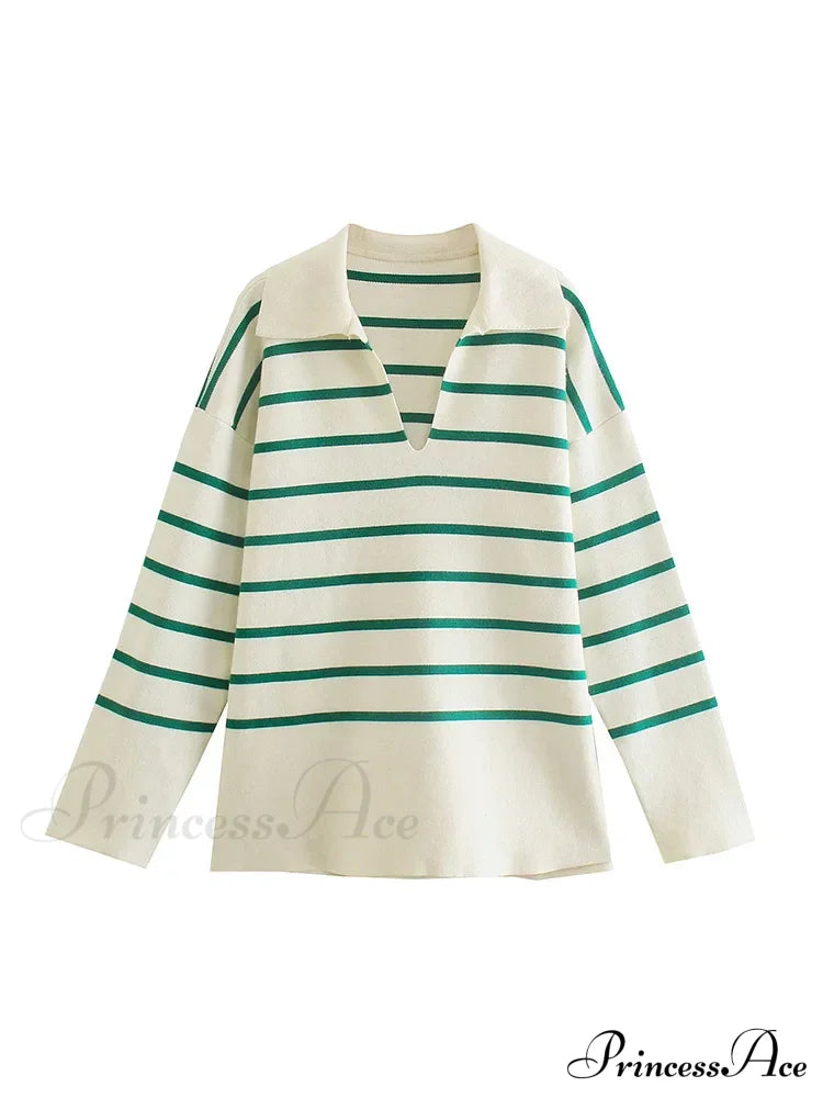 Vintage Elegant Striped Oversized Casual Loose Green Christmas Sweater Biege / S Sweaters-L