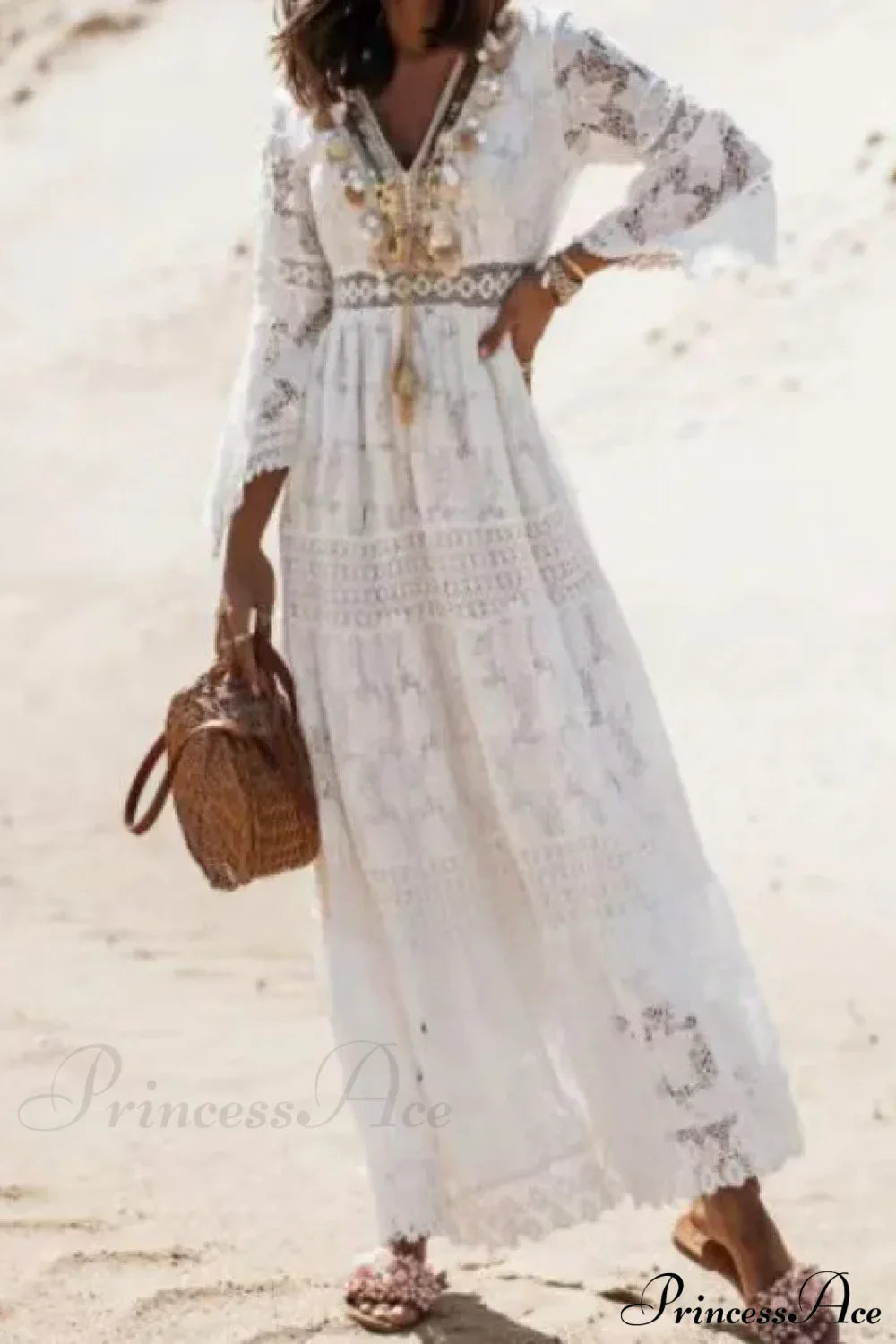 Vintage Embroidery Loose White Red Boho Dress WHITE / S bohodress-250126