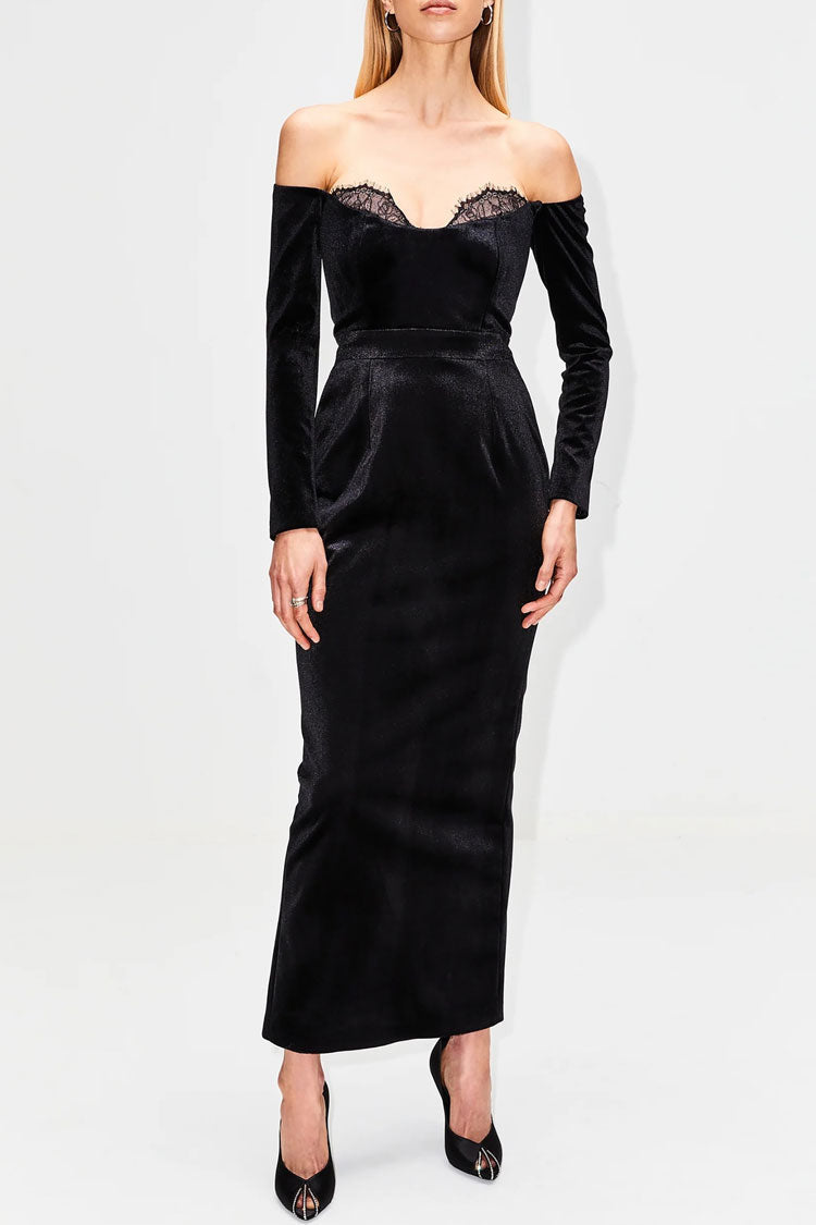 Vintage Eyelash Off Shoulder Long Sleeve Bodycon Velvet Maxi Evening Dress - Fashionpara
